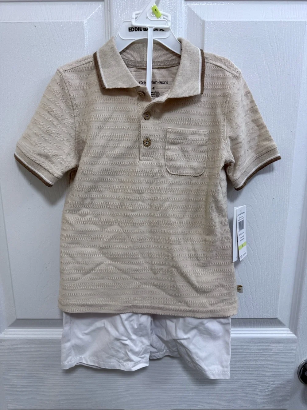 NWT Calvin Klein Kids Tan Polo Shirt with Chest Pocket and White Shorts, Size 4T